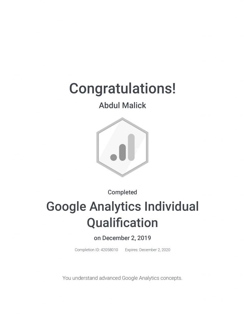 Google Analytics Professional Certification - Abdul Malick