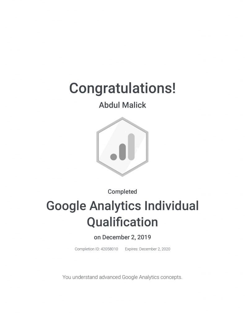 Google Analytics Professional Certification - Abdul Malick