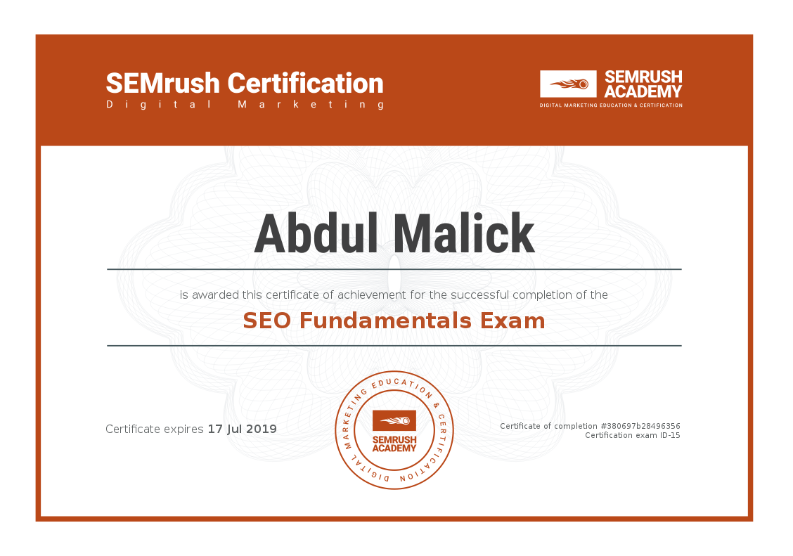SEMrush SEO Certification - Abdul Malick
