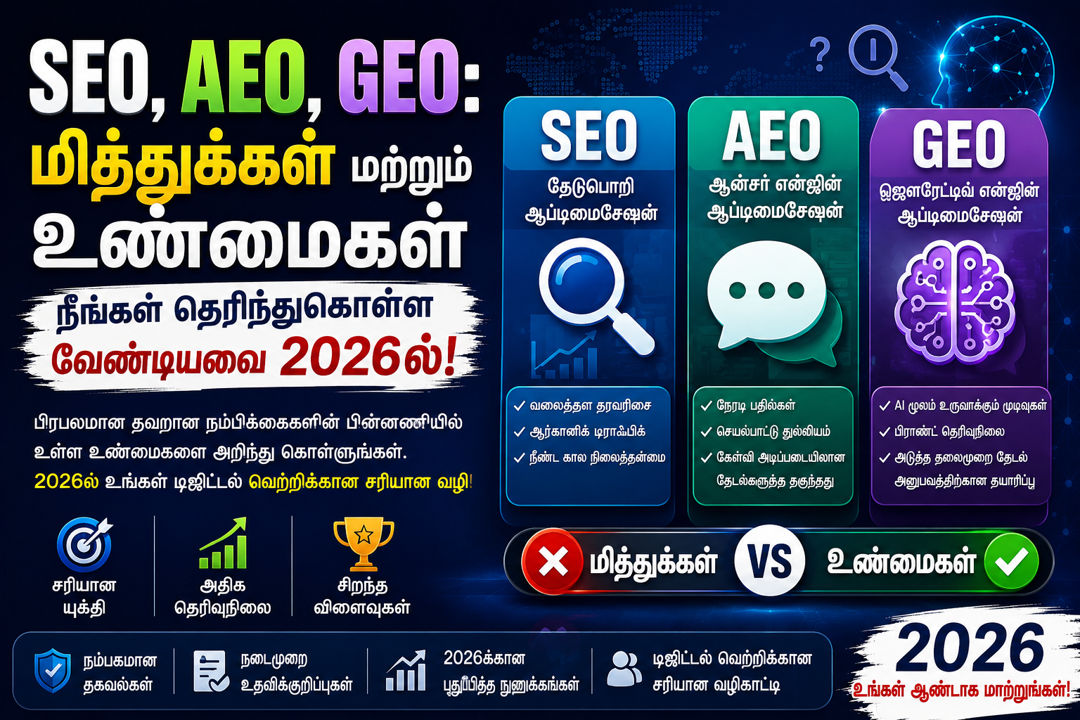 SEO, AEO, GEO: 2026-ல் நீங்கள் தெரிந்துகொள்ள வேண்டிய கட்டுக்கதைகளும் உண்மைகளும்