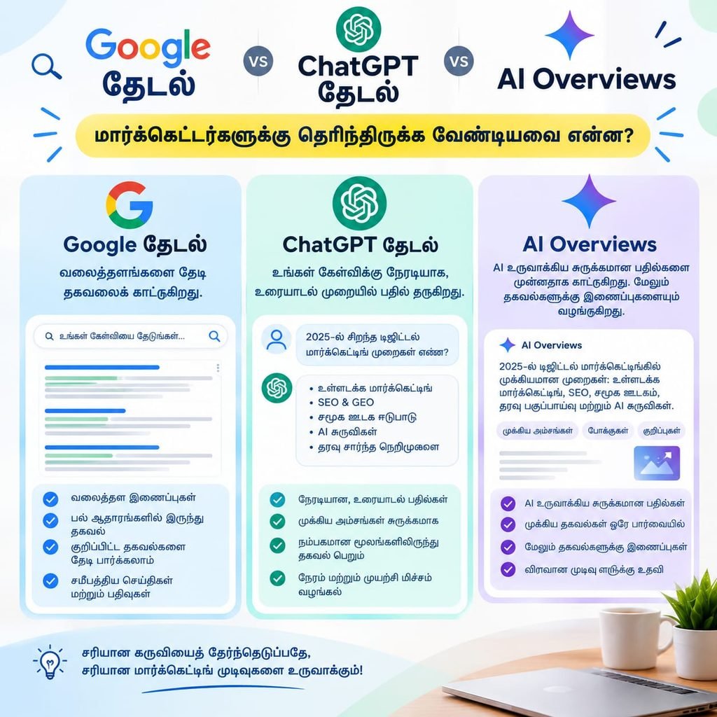 Google Search vs ChatGPT Search vs AI Overviews: Marketers தெரிந்துகொள்ள வேண்டியது