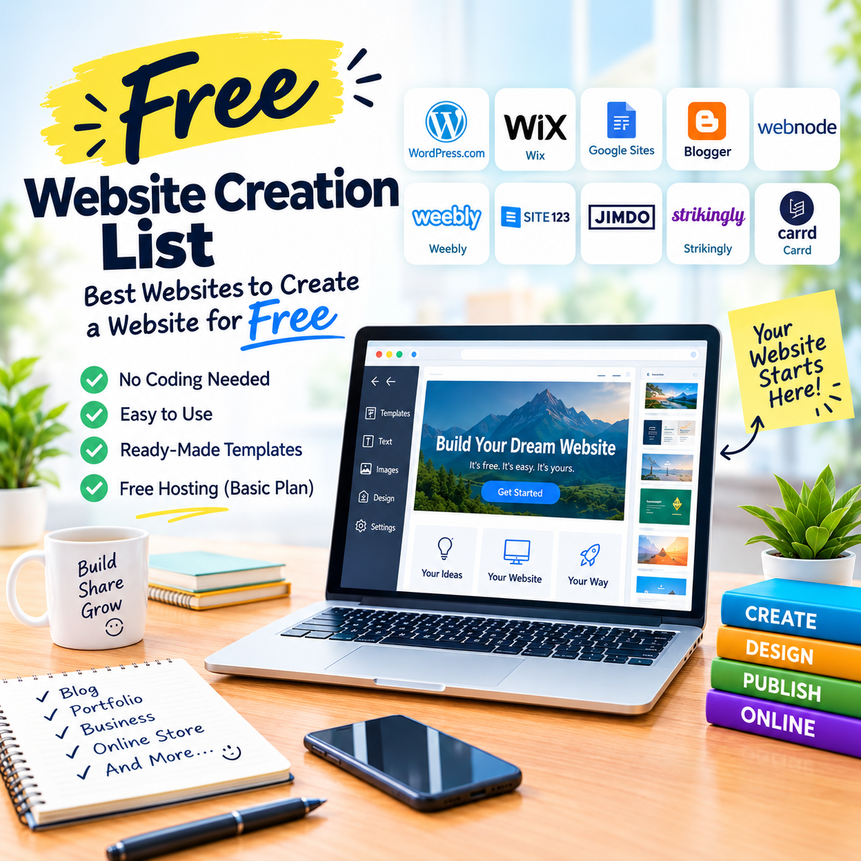 free website creation sites, website builder without coding, free blog creation websites, free business website builder